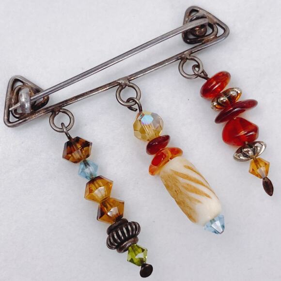 VTG Artisan Silver Amber Beaded Studio Brooch Pin Y2K Eclectic Jewelry - Picture 7 of 10